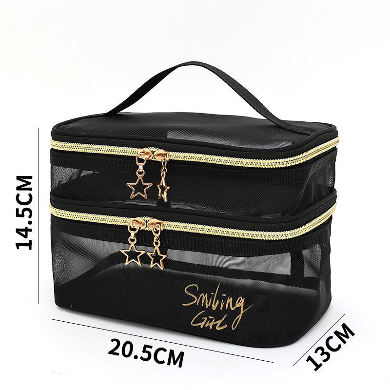 Double Layer Travel Makeup Bag Letter Graphic Portable Large Capacity Mesh Cosmetic Bag Black