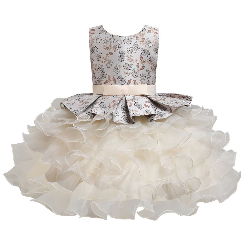 Toddler Girl Floral Print Bowknot Design Sleeveless Layered Mesh Tutu Party Dress Champagne