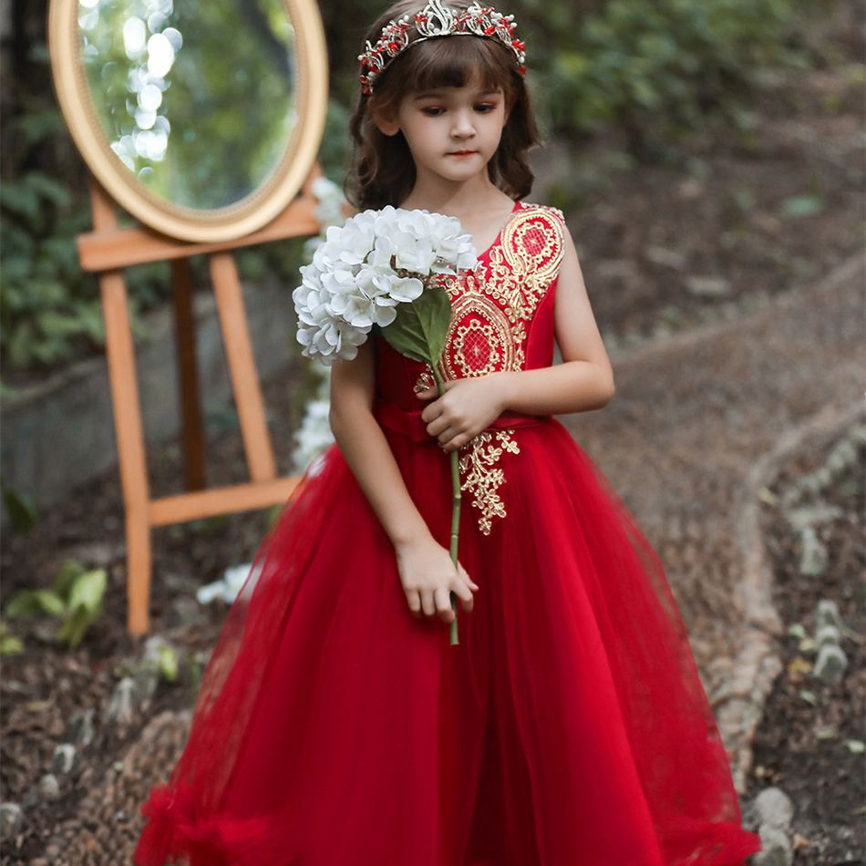 ouro rendas menina miúdo projeto bowknot applique mangas princesa festa de casamento traje vestido vestido de tule Borgonha big image 1