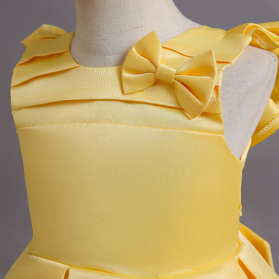 Toddler Girl Bowknot Design Pleated Sleeveless Party Yellow Evening Dress Yellow big image 4