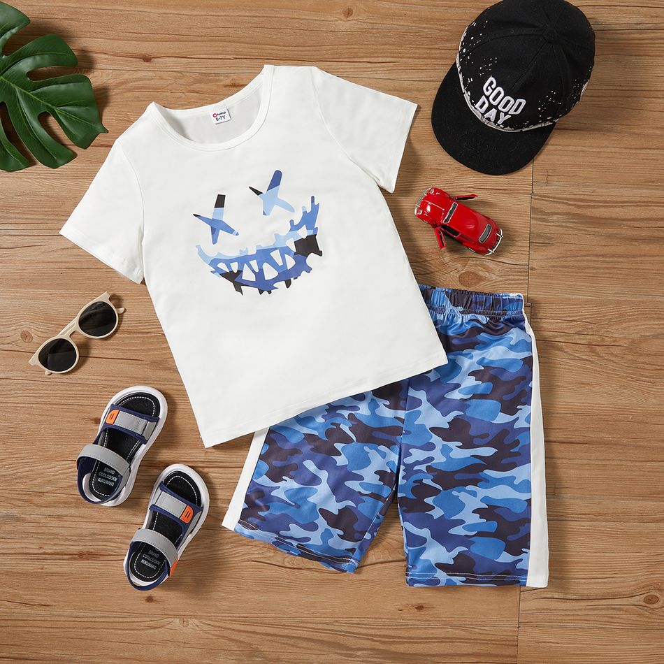 2pcs Kid Boy Emojis Print Short-sleeve Tee and Camouflage Print Shorts Set Dark Blue/white