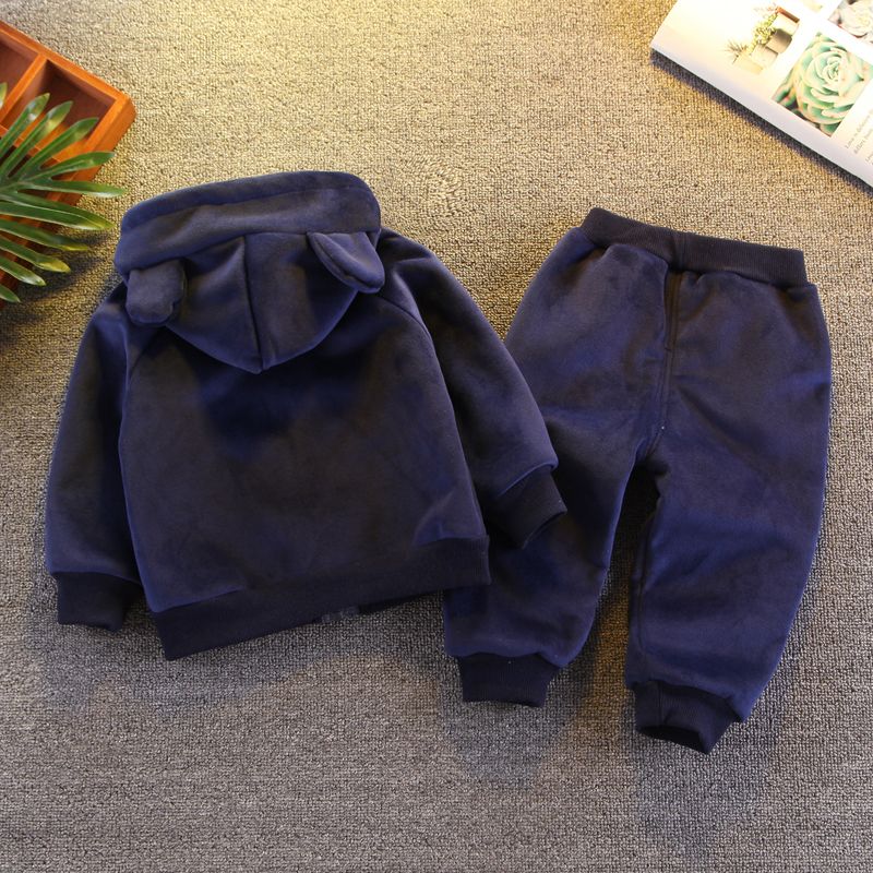 2-piece Toddler Boy Bear Embroidery Ear Decor Fluffy Jacket and Pants Casual Set Dark Blue big image 2