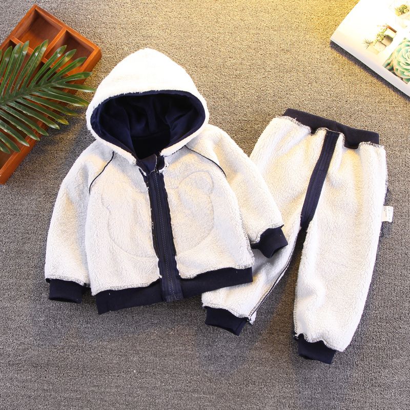 2-piece Toddler Boy Bear Embroidery Ear Decor Fluffy Jacket and Pants Casual Set Dark Blue big image 3