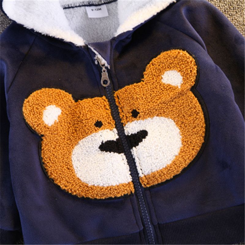 2-piece Toddler Boy Bear Embroidery Ear Decor Fluffy Jacket and Pants Casual Set Dark Blue big image 4