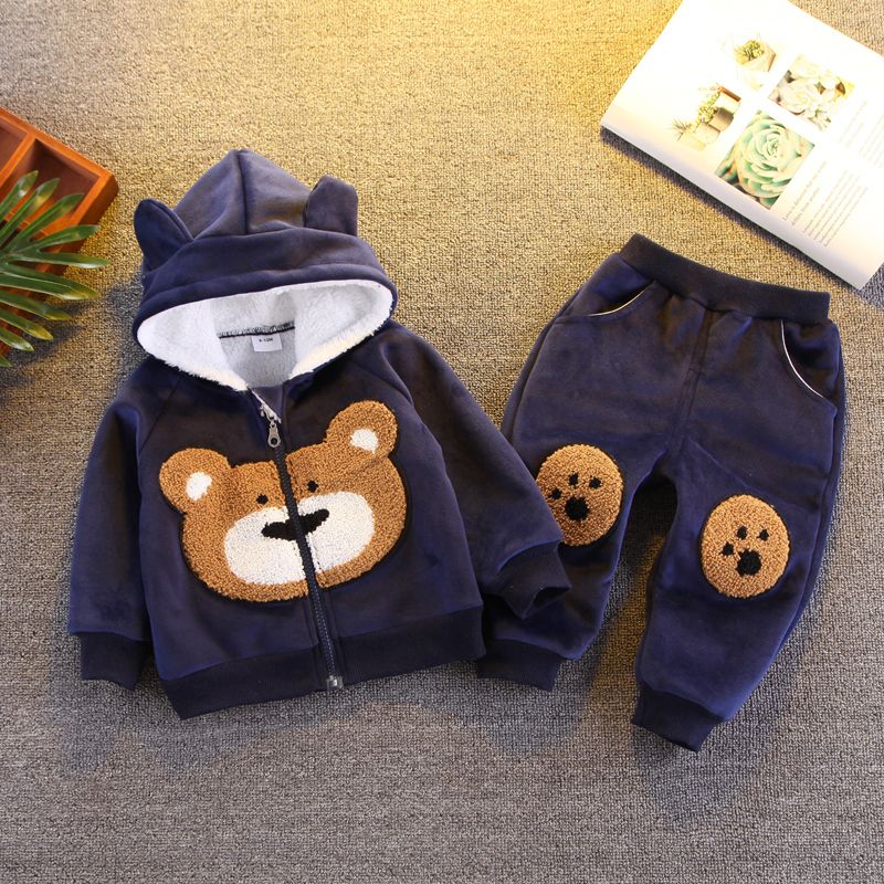 2-piece Toddler Boy Bear Embroidery Ear Decor Fluffy Jacket and Pants Casual Set Dark Blue