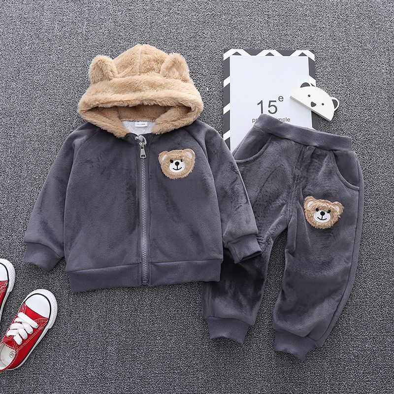 Baby 2pcs Cartoon Bear 3D Ears Fleece Long-sleeve Hooded Coat and Trouser Set Grey
