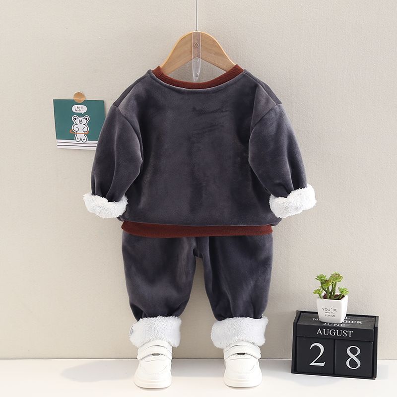 2-piece Toddler Boy Bear Embroidered Pullover and Elasticized Pants Set Dark Grey big image 4