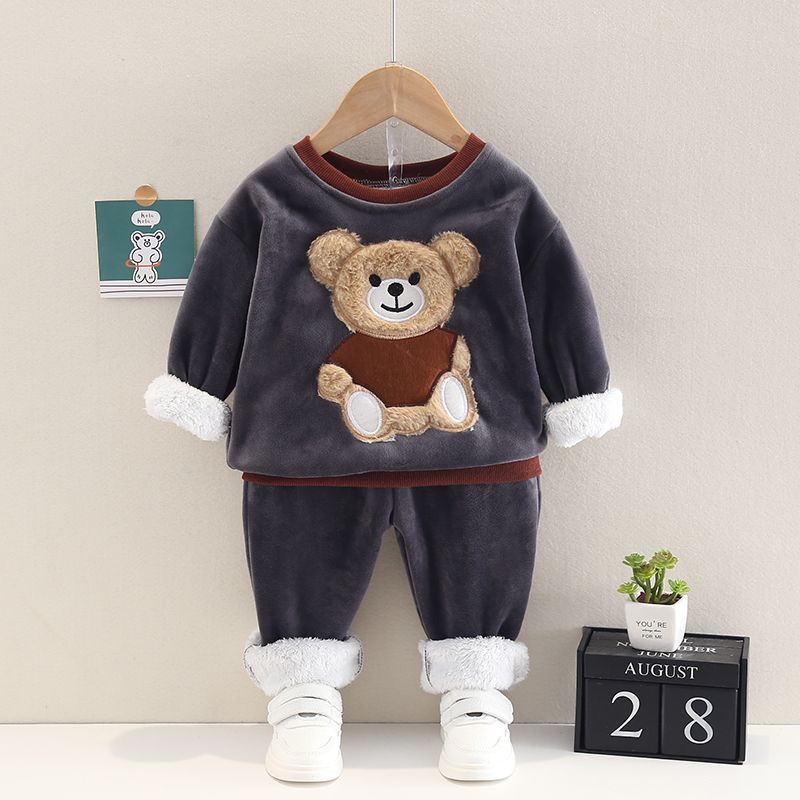 2pcs Baby Boy 95% Cotton Long-sleeve Cartoon Bear Pattern Thickened Fleece Lined Pullover and Trousers Set Grey big image 3