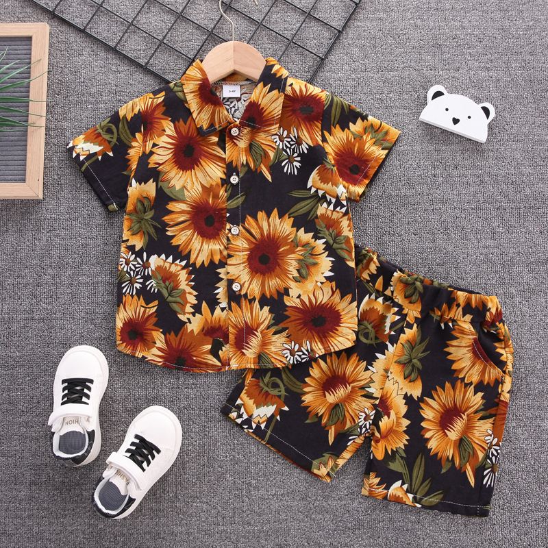 2pcs Toddler Boy Bobo Vacation Floral Print Lapel Collar Shirt and Shorts Set Black