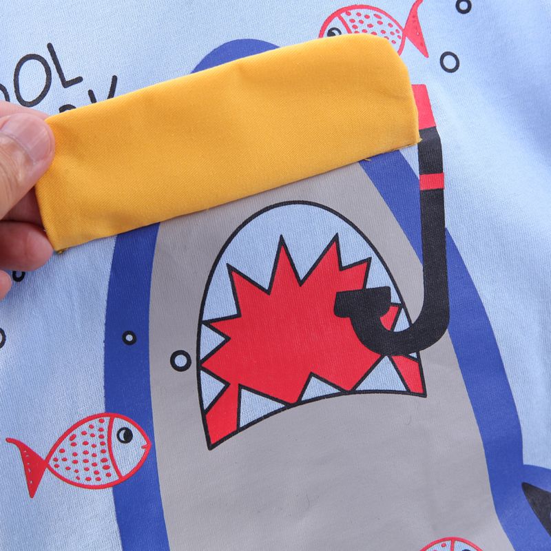 2pcs Toddler Boy Playful Letter Shark Print Tee and Faux Pocket Design Shorts Set Blue big image 4