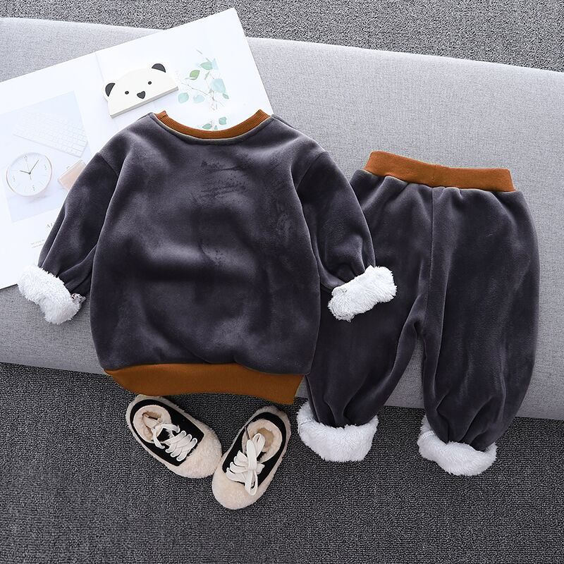 2pcs Baby Boy 95% Cotton Long-sleeve Cartoon Bear Pattern Thickened Fleece Lined Pullover and Trousers Set Grey big image 4