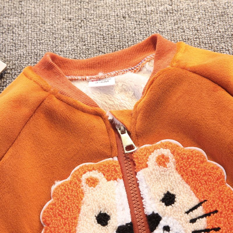 2pcs Baby Boy/Girl Lion Design Thickened Thermal Lined Velvet Long-sleeve Zipper Coat and Sweatpants Set Brown big image 3