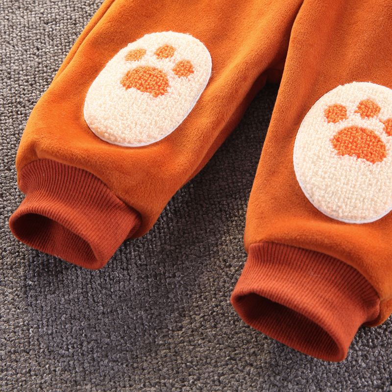 2pcs Baby Boy/Girl Lion Design Thickened Thermal Lined Velvet Long-sleeve Zipper Coat and Sweatpants Set Brown big image 7