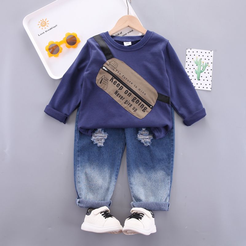 2pcs Toddler Boy Trendy Ripped Denim Jeans and Zipper Pocket Design Sweatshirt Set Deep Blue