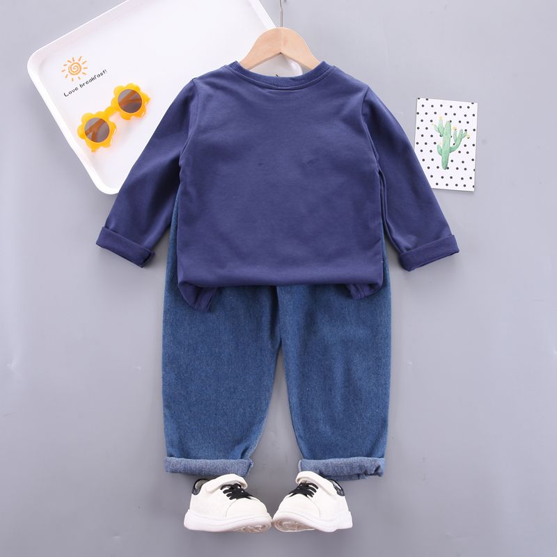 2pcs Toddler Boy Trendy Ripped Denim Jeans and Zipper Pocket Design Sweatshirt Set Deep Blue big image 2