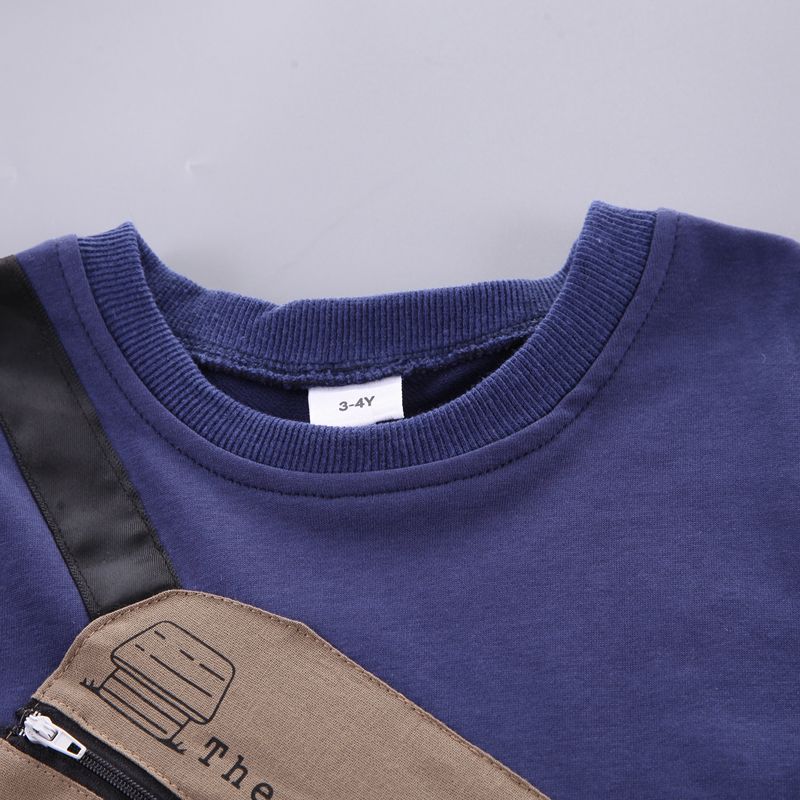 2pcs Toddler Boy Trendy Ripped Denim Jeans and Zipper Pocket Design Sweatshirt Set Deep Blue big image 3