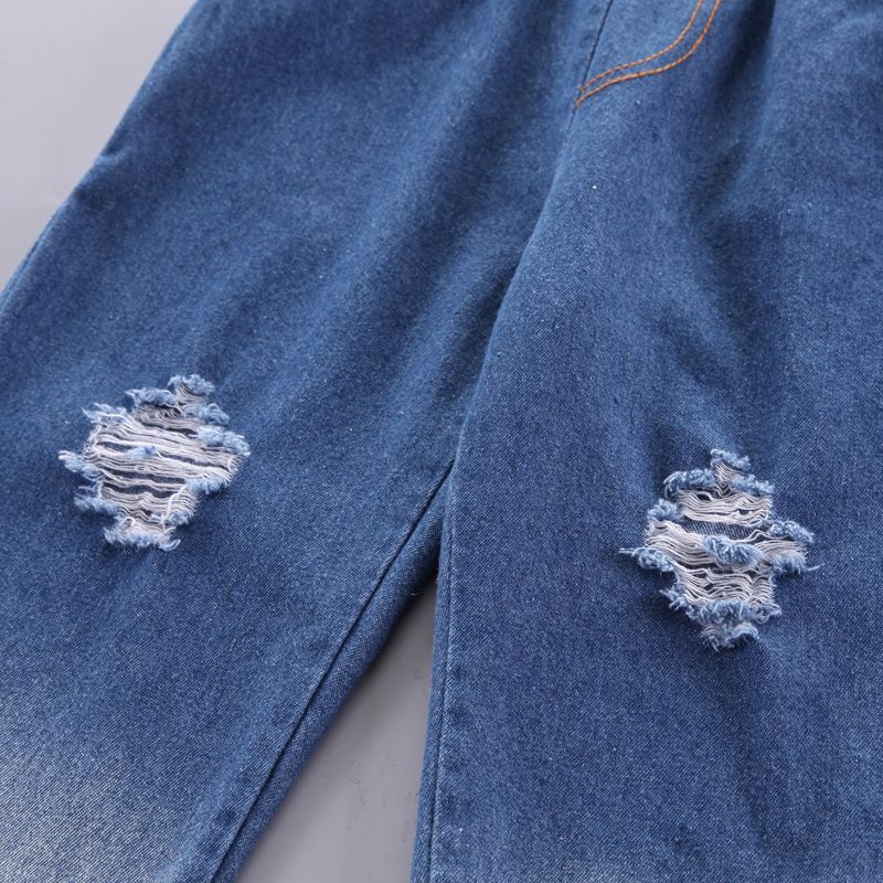 2pcs Toddler Boy Trendy Ripped Denim Jeans and Zipper Pocket Design Sweatshirt Set Deep Blue big image 8