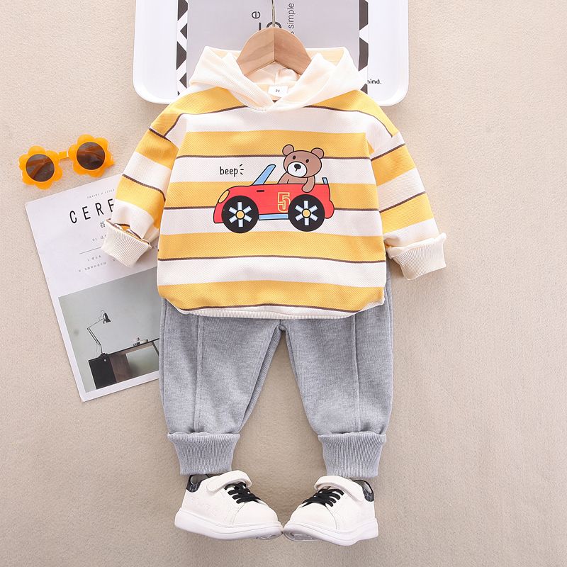 2pcs Toddler Boy Playful Vehicle Print Stripe Hoodie Sweatshirt and Pants Set Color block
