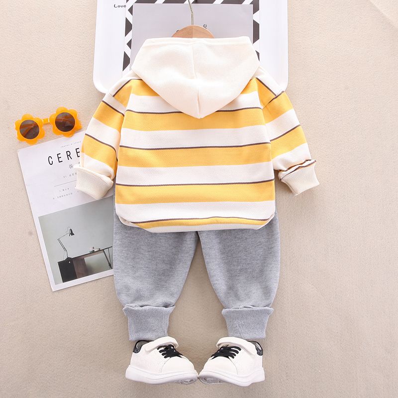 2pcs Toddler Boy Playful Vehicle Print Stripe Hoodie Sweatshirt and Pants Set Color block big image 2