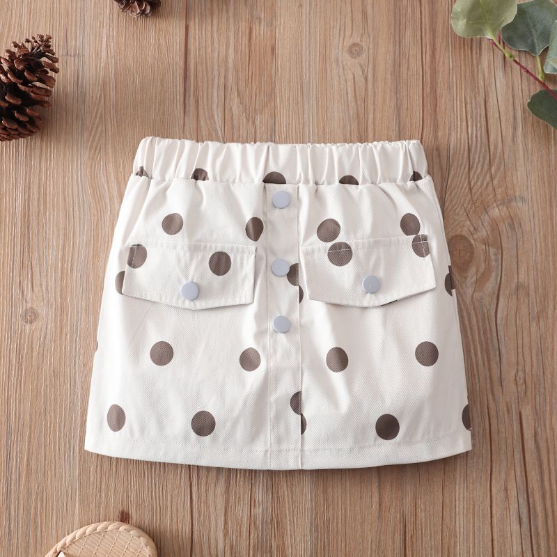 Toddler Girl Polka dots Button Design Elasticized Skirt Beige