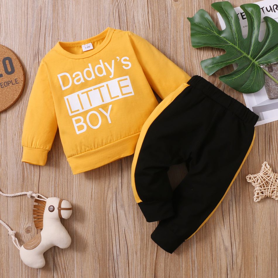2pcs Baby Letter Print Long-sleeve Cotton Pullover and Pants Set Yellow big image 2