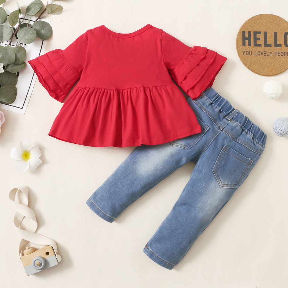 2pcs Baby Red Bell Sleeve Loose-fit Top and Floral Embroidered Ripped Denim Jeans Set Red big image 2