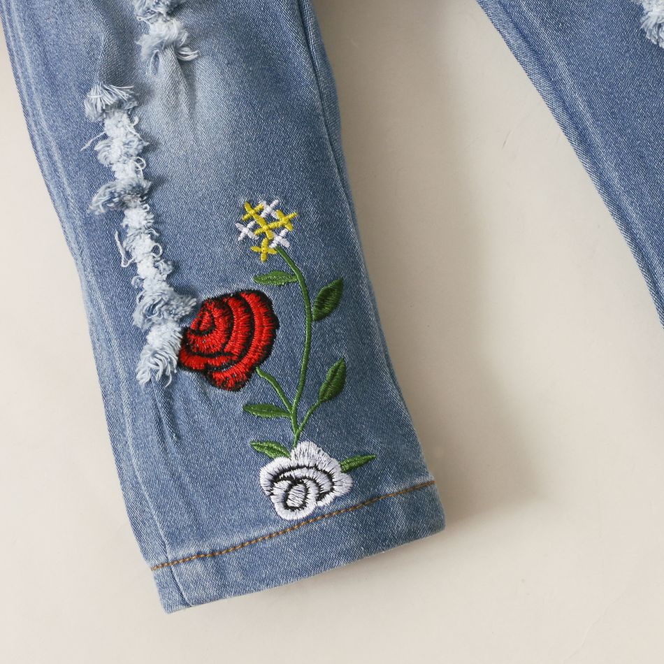 2pcs Baby Red Bell Sleeve Loose-fit Top and Floral Embroidered Ripped Denim Jeans Set Red big image 6