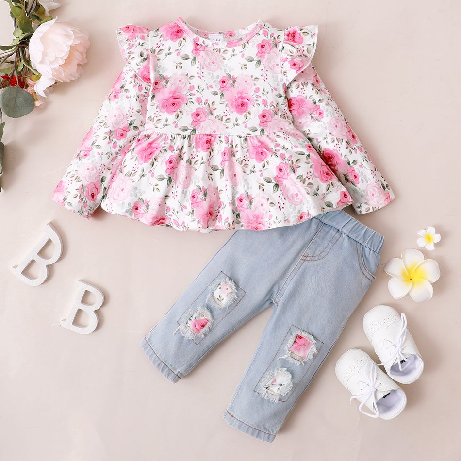 2pcs Baby Girl Pink Floral Print Ruffle Long-sleeve Top and Denim Ripped Jeans Set Multi-color