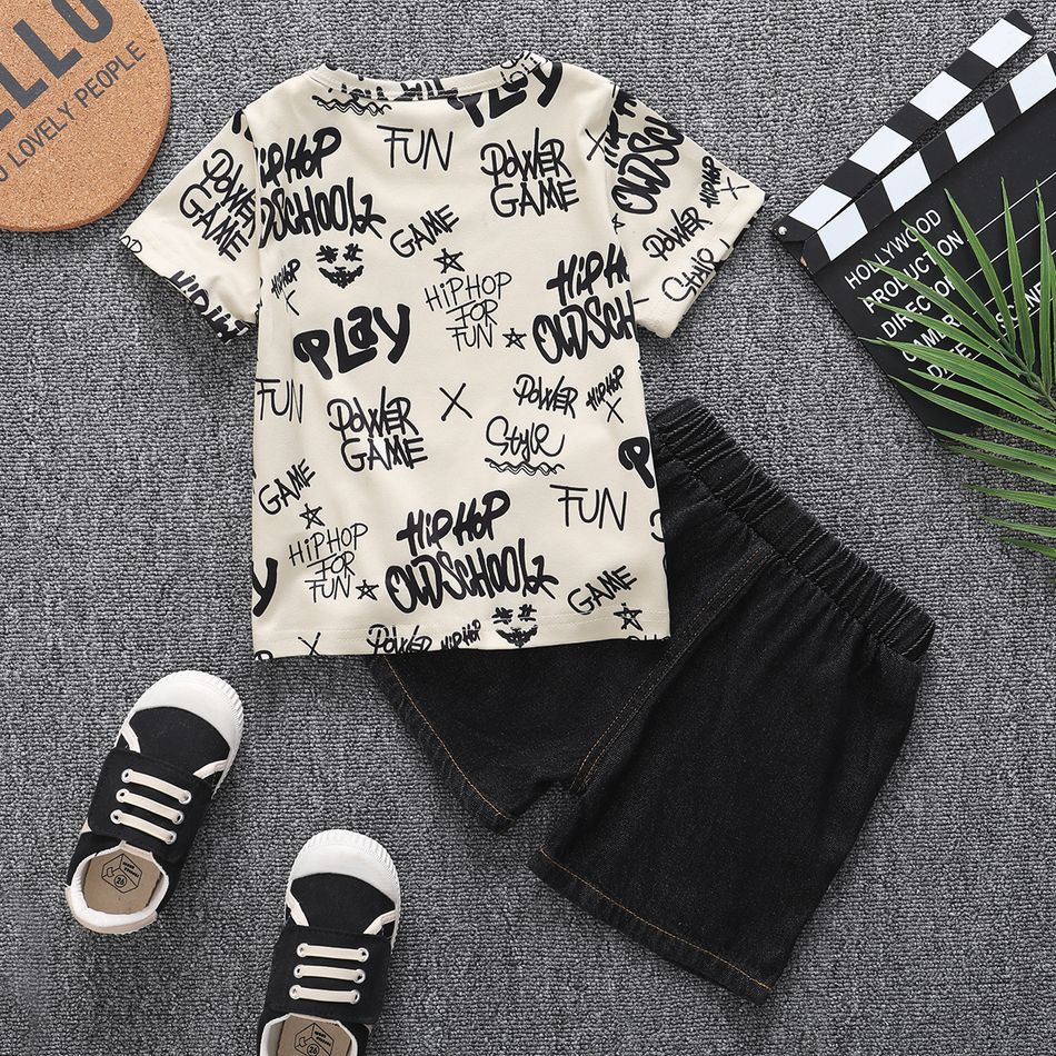 2pcs Toddler Boy Trendy Ripped Denim Shorts & Letter Print Tee Set Beige big image 3