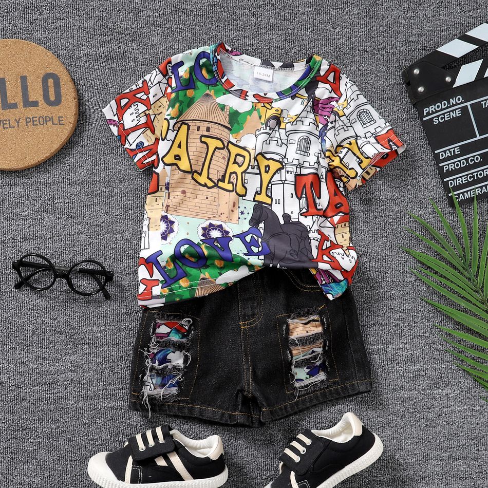 2pcs Toddler Boy Playful Ripped Denim Shorts and Letter Painting Print Tee Set Multi-color big image 2