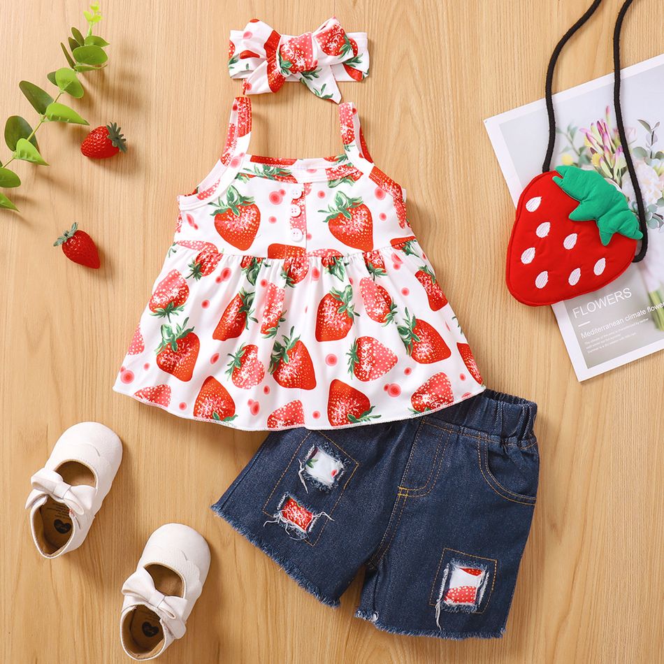3pcs Baby Girl All Over Strawberry Print Spaghetti Strap Top and Ripped Denim Shorts with Headband Set White