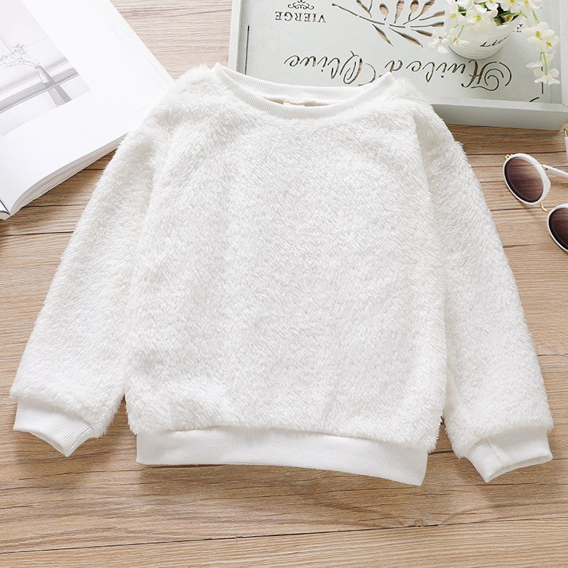 Toddler Girl Round-collar Casual Solid Fuzzy Pullover Sweater White