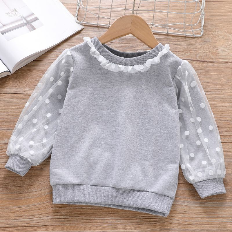 Toddler Girl Ruffled Polka dots Mesh Design Pullover Sweatshirt Grey big image 1