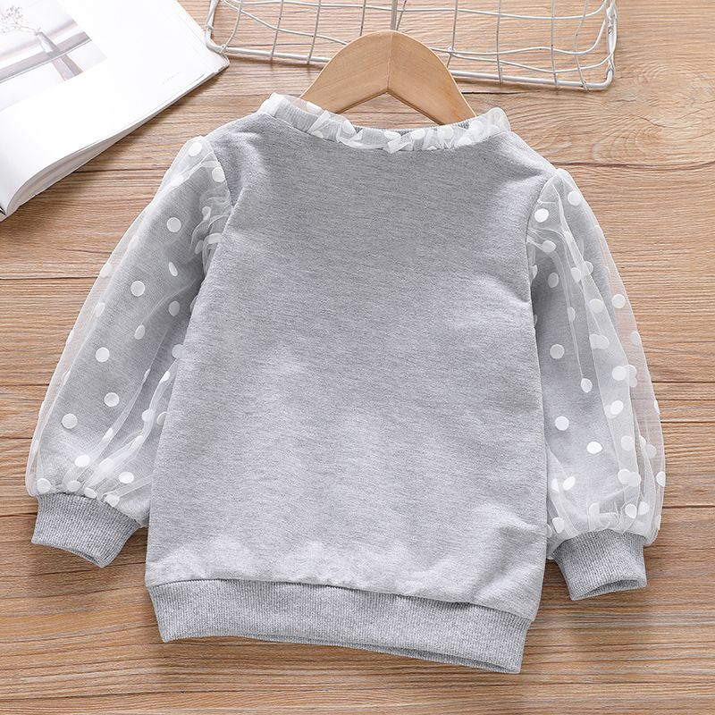 Toddler Girl Ruffled Polka dots Mesh Design Pullover Sweatshirt Grey big image 2