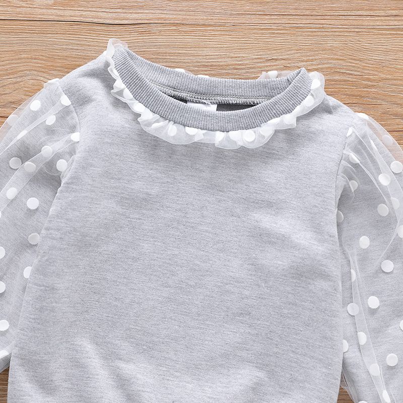 Toddler Girl Ruffled Polka dots Mesh Design Pullover Sweatshirt Grey big image 3
