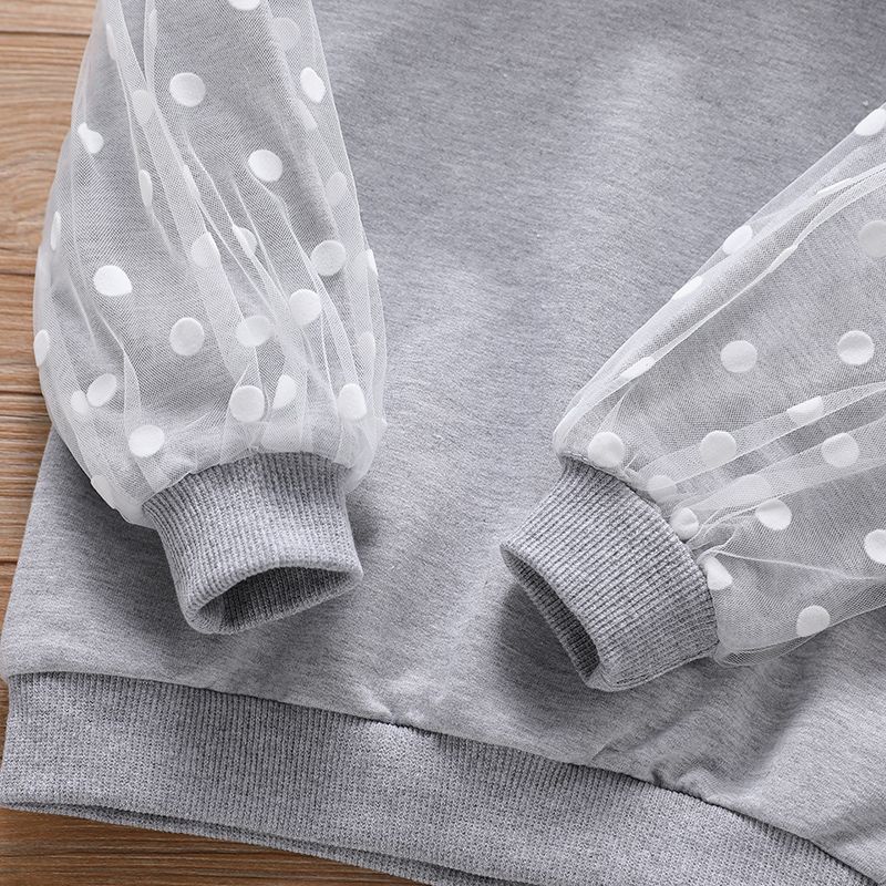 Toddler Girl Ruffled Polka dots Mesh Design Pullover Sweatshirt Grey big image 4