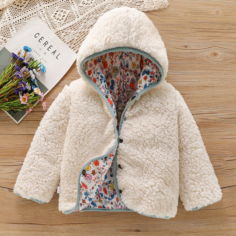 Toddler Girl Floral Print Fuzzy Fleece Reversible Hooded Coat Multi-color