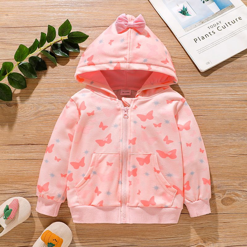 Toddler Girl Butterfly Print Bowknot Design Zipper Hooded Jacket Sweatshirt Pink
