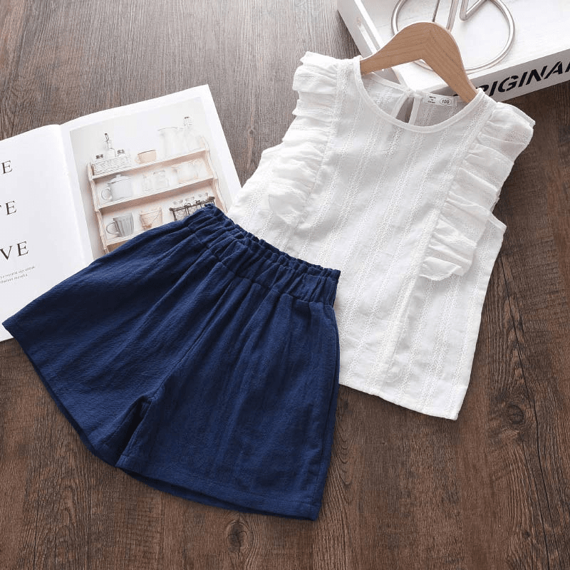 2-piece Toddler Girl 100% Cotton Ruffled White Sleeveless Blouse and Dark Blue Shorts Set White