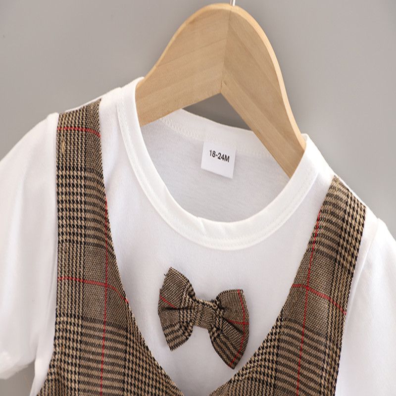2pcs Toddler Boy Gentleman Suit, Faux-two Bow tie Design Tee and Plaid Shorts Set Brown big image 3