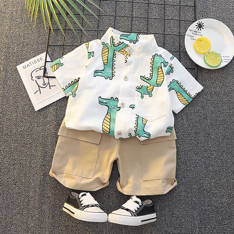 2pcs Toddler Boy Playful Animal Crocodile Print Shirt and Pocket Design Shorts Set White big image 1