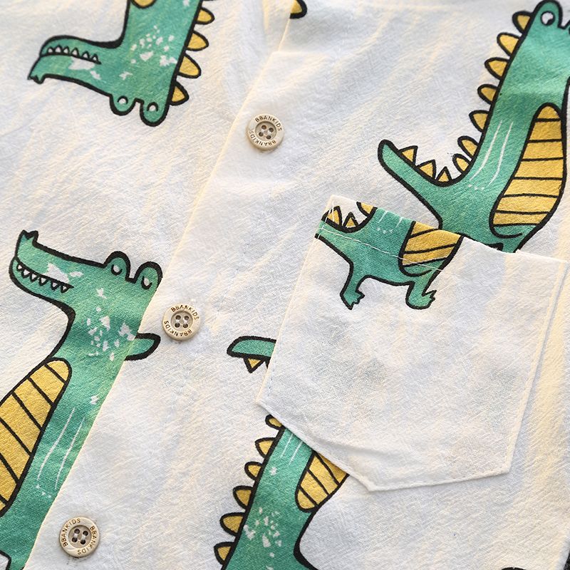 2pcs Toddler Boy Playful Animal Crocodile Print Shirt and Pocket Design Shorts Set White big image 4