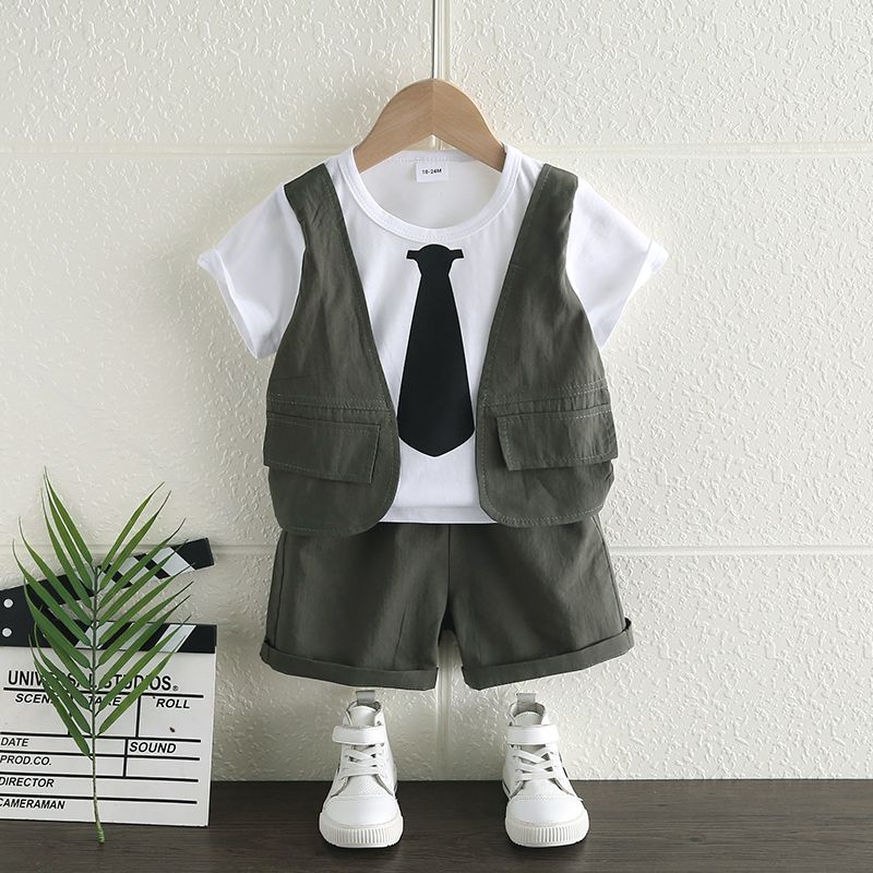 2pcs Toddler Boy Gentleman Suit, Faux-two Top and Elasticized Shorts Set Green