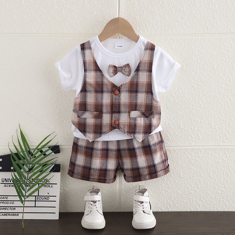 2pcs Toddler Boy Gentleman Suit, Faux-two Bow tie Design Tee and Plaid Shorts Set Brown big image 1