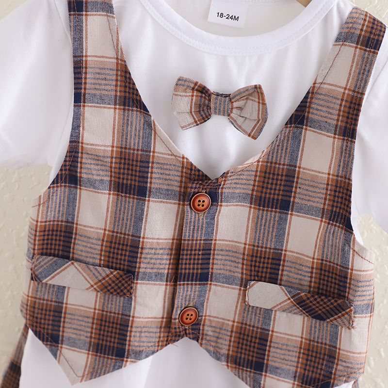 2pcs Toddler Boy Gentleman Suit, Faux-two Bow tie Design Tee and Plaid Shorts Set Brown big image 3