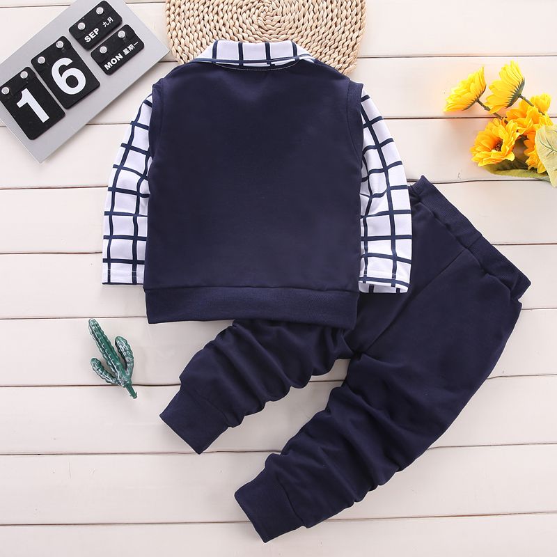 2pcs Toddler Boy Preppy style Faux-two Lapel Collar Embroidered Shirt and Pants Set Dark Blue big image 2