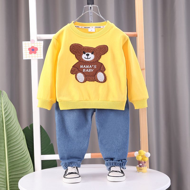 2pcs Toddler Boy Plauful Denim Jeans and Bear Embroidered Sweatshirt Set Yellow