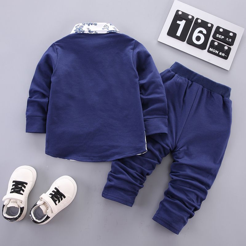 2pcs Toddler Boy Preppy style Faux-two Floral Print Shirt and Pants Set Dark Blue big image 2