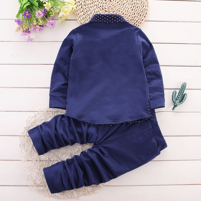 2pcs Toddler Boy Preppy style Faux-two Polka dots Long-sleeve Shirt and Pants Set Dark Blue big image 2