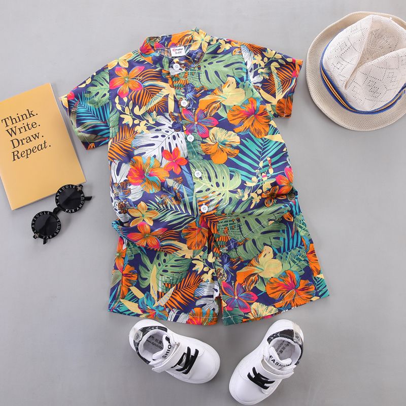 2pcs Toddler Boy Trendy Floral Print Cotton Shirt and Shorts Set Multi-color